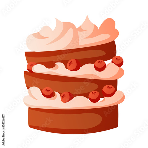 Homemade baked cake with cream and berries, pastry products. Pastries from the dough.Baking, bakery shop, cooking, sweet products, dessert.Vector for poster, banner, menu, cover, advertising