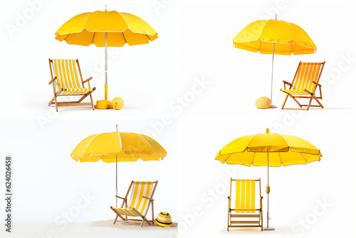 Chaise lounge and yellow umbrella isolated on white. AI generated.
