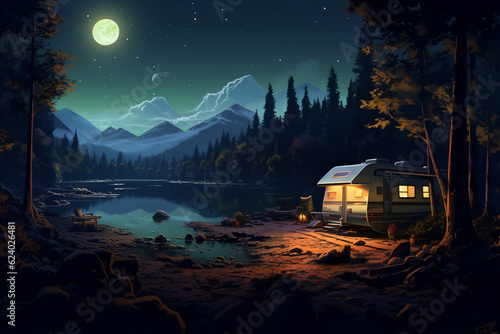 Tent tourist camp at night. Bonfire on the river bank. AI generated. © serperm73