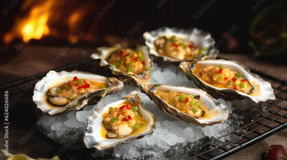 Delicious oysters with garlic sauce. Generative AI Delicious oysters with garlic sauce. Generative AI