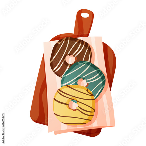 Homemade baked donuts with toppings in cutting board, pastry products. Pastries from the dough.Baking, bakery shop, cooking, sweet products, dessert.Vector for poster, banner, menu, cover, advertising