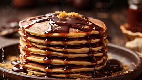 A stack of pancakes with chocolate icing. Maslenitsa and pancake week. Stuffed fritters Generative AI