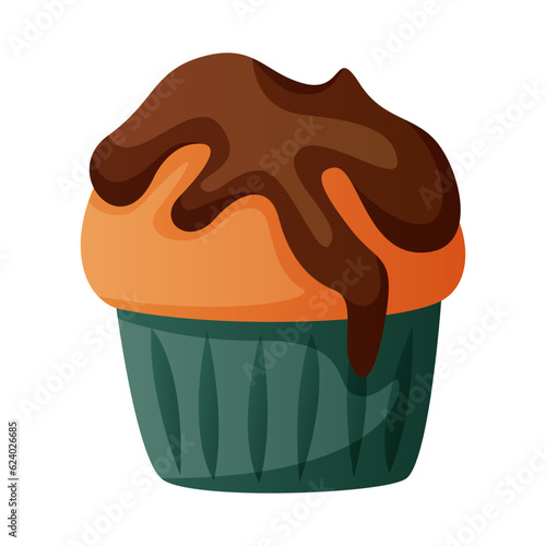 Homemade baked chocolate cupcake, sugar desserts, pastry products. Pastries from the dough. Baking, bakery shop, cooking, sweet products, dessert. Vector for poster, banner, menu, cover, advertising 