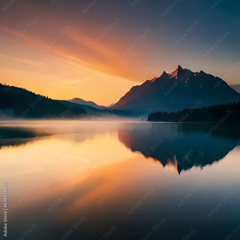 sunset over the lake and Mountain generated by AI