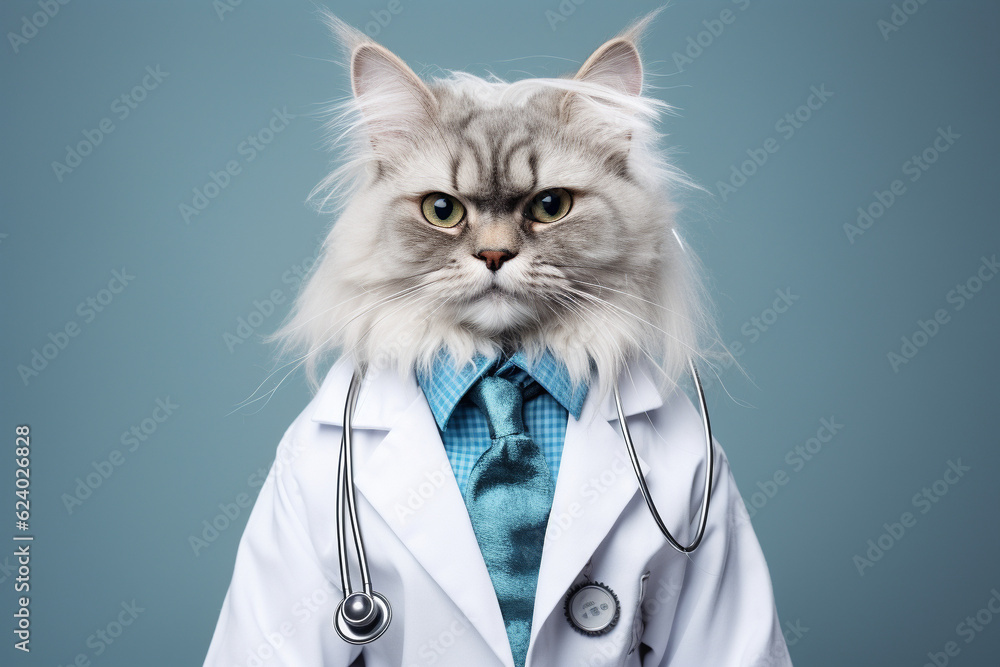 The cat in the white coat is a crazy funny doctor. Abstract illustration. AI generated. The cat in the white coat is a crazy funny doctor. Abstract illustration. AI generated.