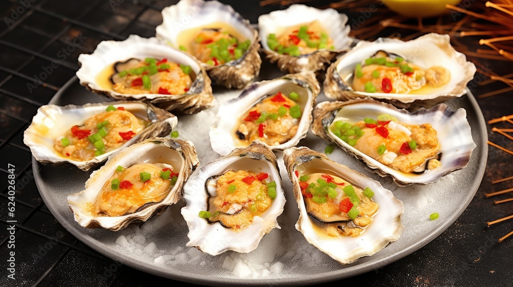 Delicious oysters with garlic sauce. Generative AI Delicious oysters with garlic sauce. Generative AI