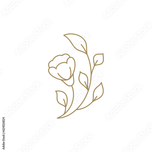 Romantic wild flower with bud stem and lush leaves curved plant decorative design line art vector