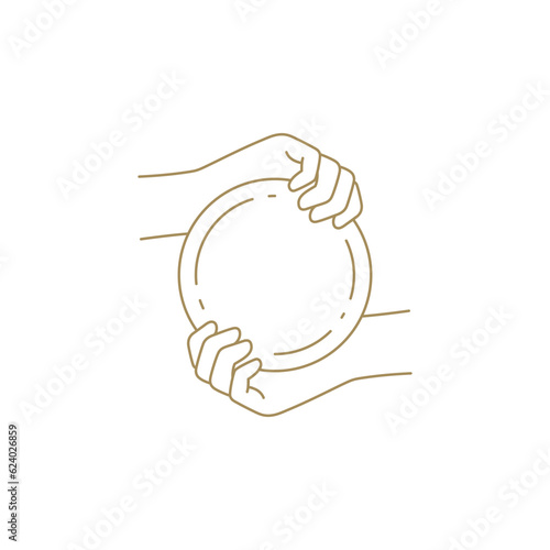 Monochrome antique human hands holding circle plate copy space blank design line art icon vector