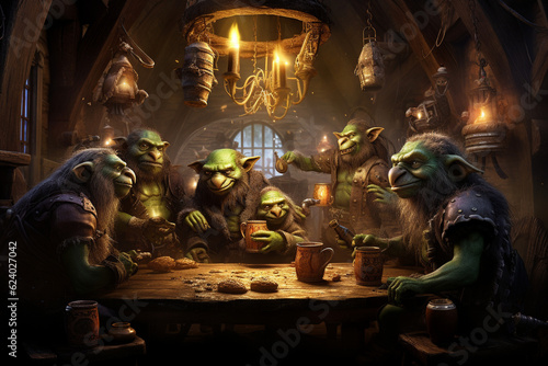 Fairy goblins at a pub party. AI generated.