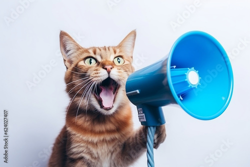 Print op canvas The cat screams into a megaphone on a white background
