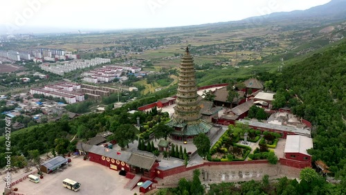 Aerial photo of the Feihong Pagoda in Guangsheng Temple, of Hongdong County, Shanxi Province, photo
