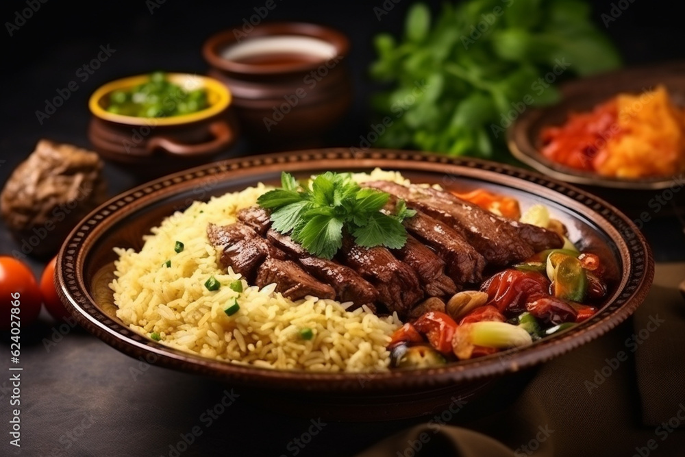 Arabic lunch, served table, top view. AI generated. Arabic lunch, served table, top view. AI generated.