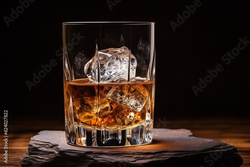 Glass of tumbler whiskey or cognac with ice. AI generated.