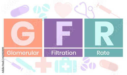 GFR - Glomerular Filtration Rate acronym. medical concept background. vector illustration concept with keywords. lettering illustration with icons for web banner, flyer, landing