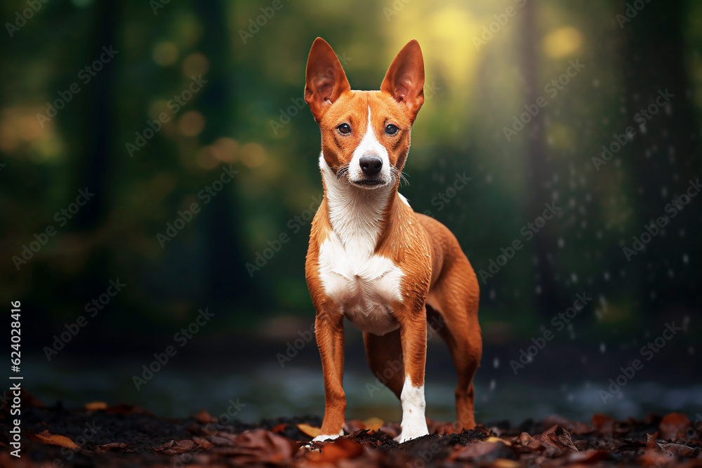 Basenji dog standing in the autumn forest on a rainy day. selective focus.
