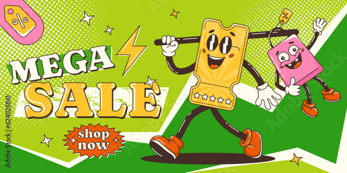 Mega sale banner, retro groovy discount coupon character goes with sale bag. Shop now. Vector pop art background with halftone, abstract geometric shapes. For business, advertising, poster