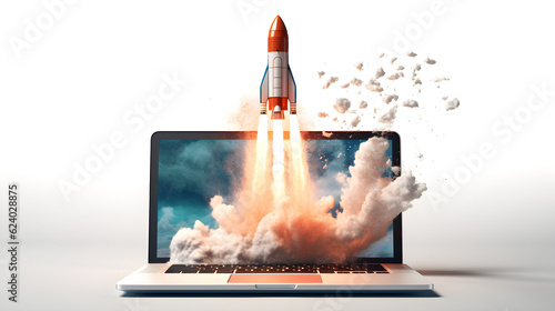 SEO Rocket with smoke rising from a laptop. Digital social media website marketing on laptop concept interface for website strategy and research planning and startup leap growth, Generative AI