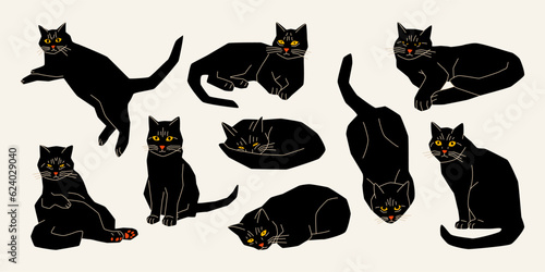 Cute black cats in various poses. Cartoon funny animal characters set, flat design. Modern hand drawn vector illustration