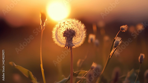 Under the dusk sun  a piece of dandelion in the sun. Generative AI