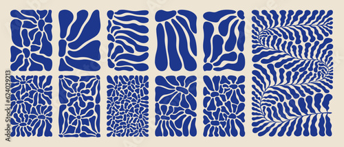 Fototapeta Abstract background matisse style. Contemporary flower art set, modern blue floral element wavy shapes. Vector illustration