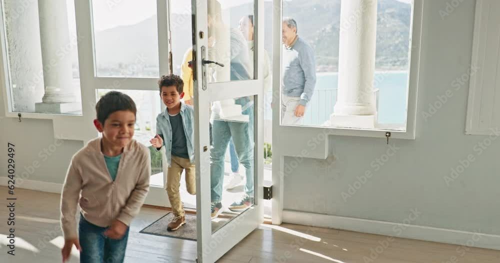 Excited kids, parents and front door at new home with running, family and fresh start in real estate. People, happy male children and playful with property, mortgage and energy for beginning in room Excited kids, parents and front door at new home with running, family and fresh start in real estate. People, happy male children and playful with property, mortgage and energy for beginning in room