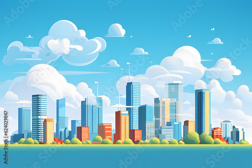 A modern city skyline landscape with clouds in clear blue sky  white clouds and sun in panoramic view. Generative AI