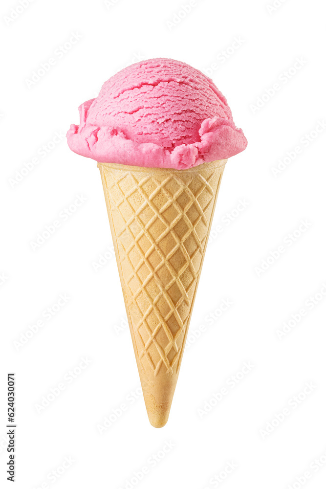 Pink strawberry ice cream scoop served on a waffle sugar cone isolated. Transparent PNG image. Pink strawberry ice cream scoop served on a waffle sugar cone isolated. Transparent PNG image.
