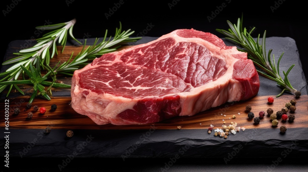 Raw rib eye steak, beef marbled meat on wooden board with rosemary. Generative AI Raw rib eye steak, beef marbled meat on wooden board with rosemary. Generative AI