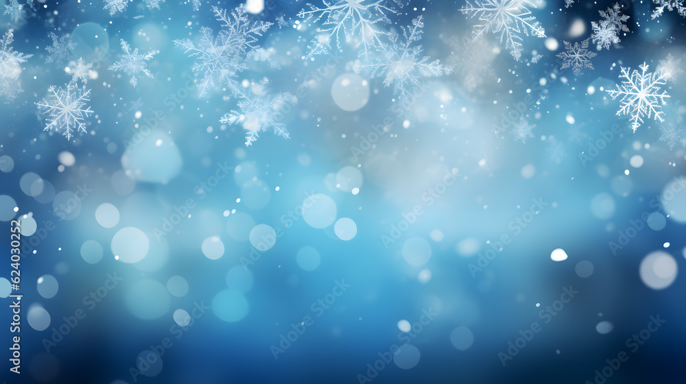 Blue bokeh background with snowflakes. Generative AI