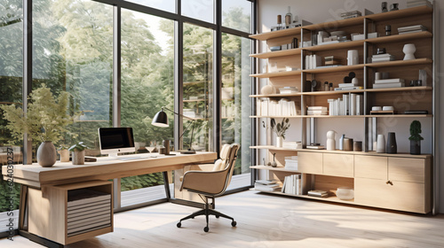 3D Render  Organized home office with modern design and natural light. Generative AI
