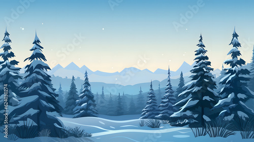 Snowy winter forest landscape with trees background. Generative AI © Tony
