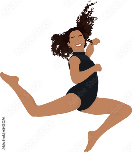 A curly-haired teenage girl gymnast performing