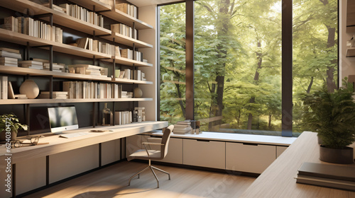 3D Render: Organized home office with modern design and natural light. Generative AI