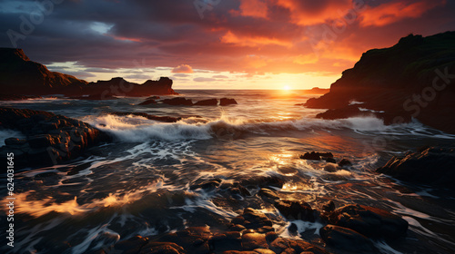 3D Render: Breathtaking spectacle of a sunrise over the sea. Generative AI © Nico Vincentini