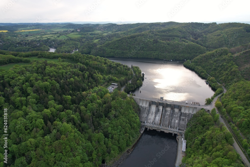 Slapy Reservoir is dam on the Vltava river in the Czech Republic, near to village Slapy. It has a hydroeletrics power station included.Aerial panorama landscape photo