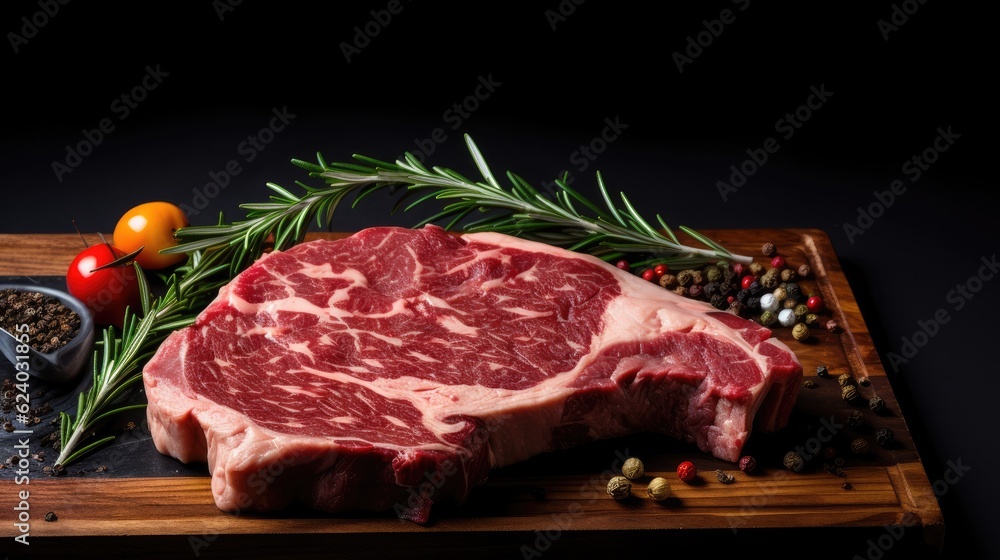 Raw rib eye steak, beef marbled meat on wooden board with rosemary. Generative AI