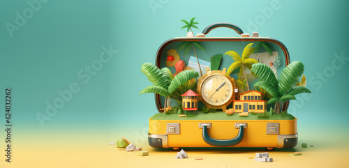Travel suitcase with miniature palm trees leaves and tropical landscape on flat background. Creative concept for summer time, exotic travel. Generative AI 3d render illustration.