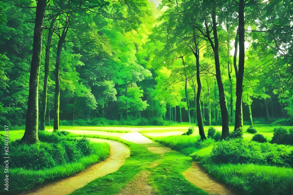 a peaceful and beautiful green forest and garden. Generative AI