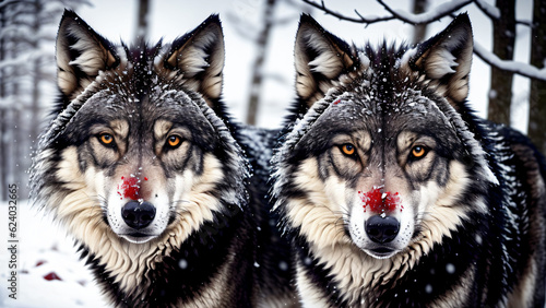 Majestic wolf with blood on its face in a winter landscape. Generative AI