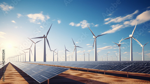 Windmill / windpower / windfarm green power and solar.Generative AI