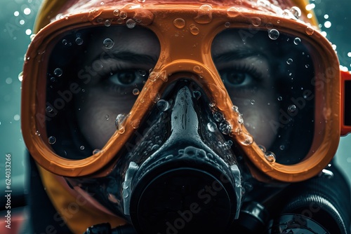 Close-up portrait of a man in scuba gear. Deep sea industrial diver close-up. The scourer looks straight into the camera.