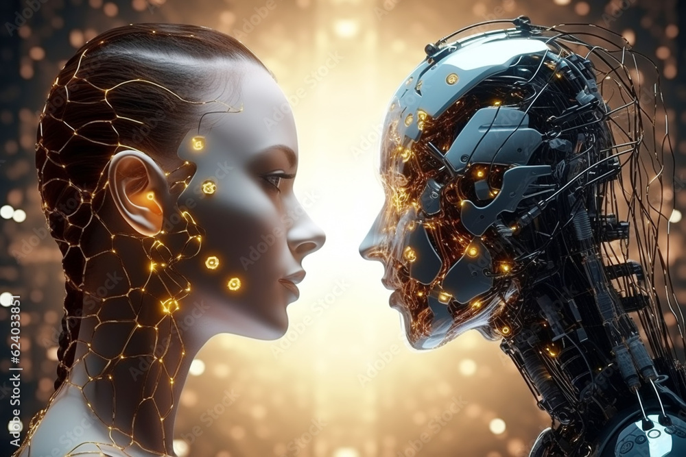 two android robots look face to face, Generative AI two android robots look face to face, Generative AI