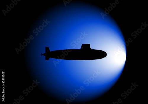 Silueta negra de un submarino sobre un foco de luz azul en en fondo marino
