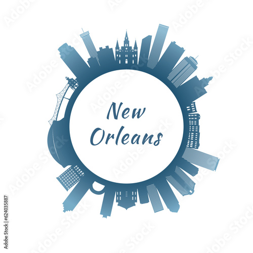 New Orleans skyline with colorful buildings. Circular style. Stock vector illustration.
