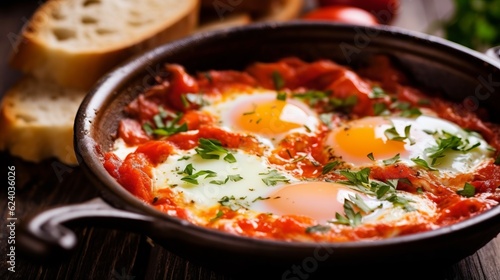 scrambled eggs with yolk in a pan with tomatoes. shakshuka recipe with herbs and cheeses. Diet protein breakfast. Generative AI