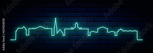 Blue neon skyline of Oxford. Bright Oxford, Mississippi long banner. Vector illustration.