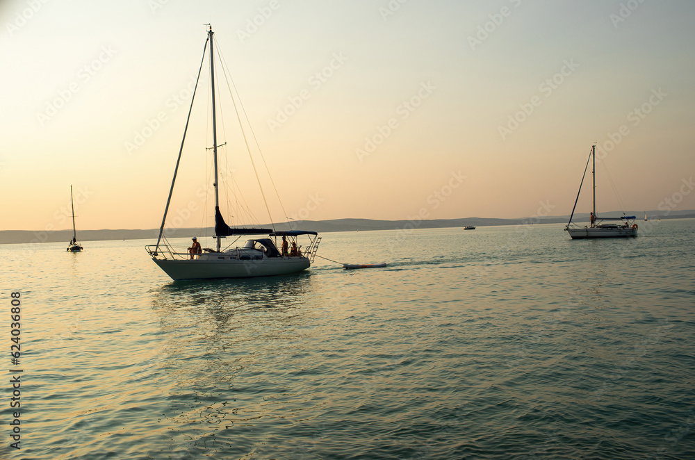 Sailboats at the Lake Balaton in the evening.Summer season.