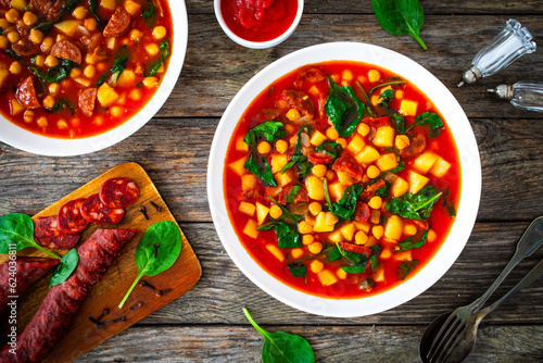 Delicious Spanish stew - chickpeas, spinach, seared chorizo, potatoes, tomatoes and broth on wooden table 