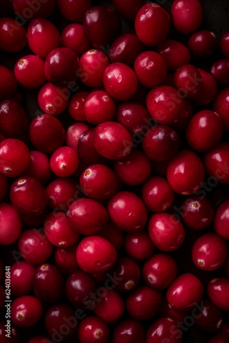Top down view of fresh Cranberries with drops of water. Generative AI