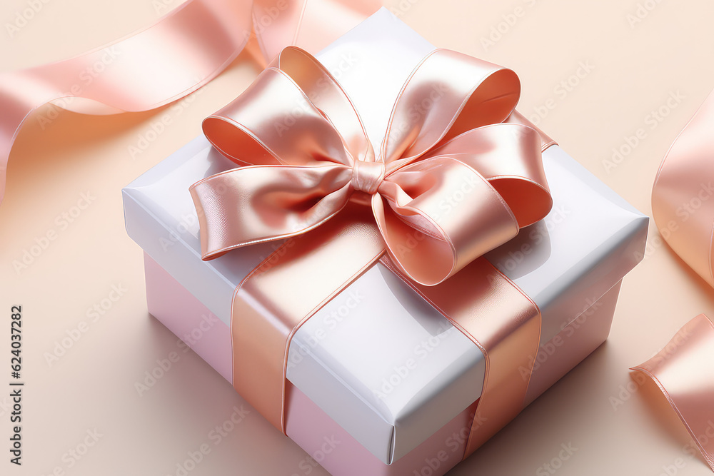 Square gift box with silk glossy bow ribbon. Pastel color palette, copy space. Promotion banner for advertising company. Generative AI 3d render illustration. Square gift box with silk glossy bow ribbon. Pastel color palette, copy space. Promotion banner for advertising company. Generative AI 3d render illustration.